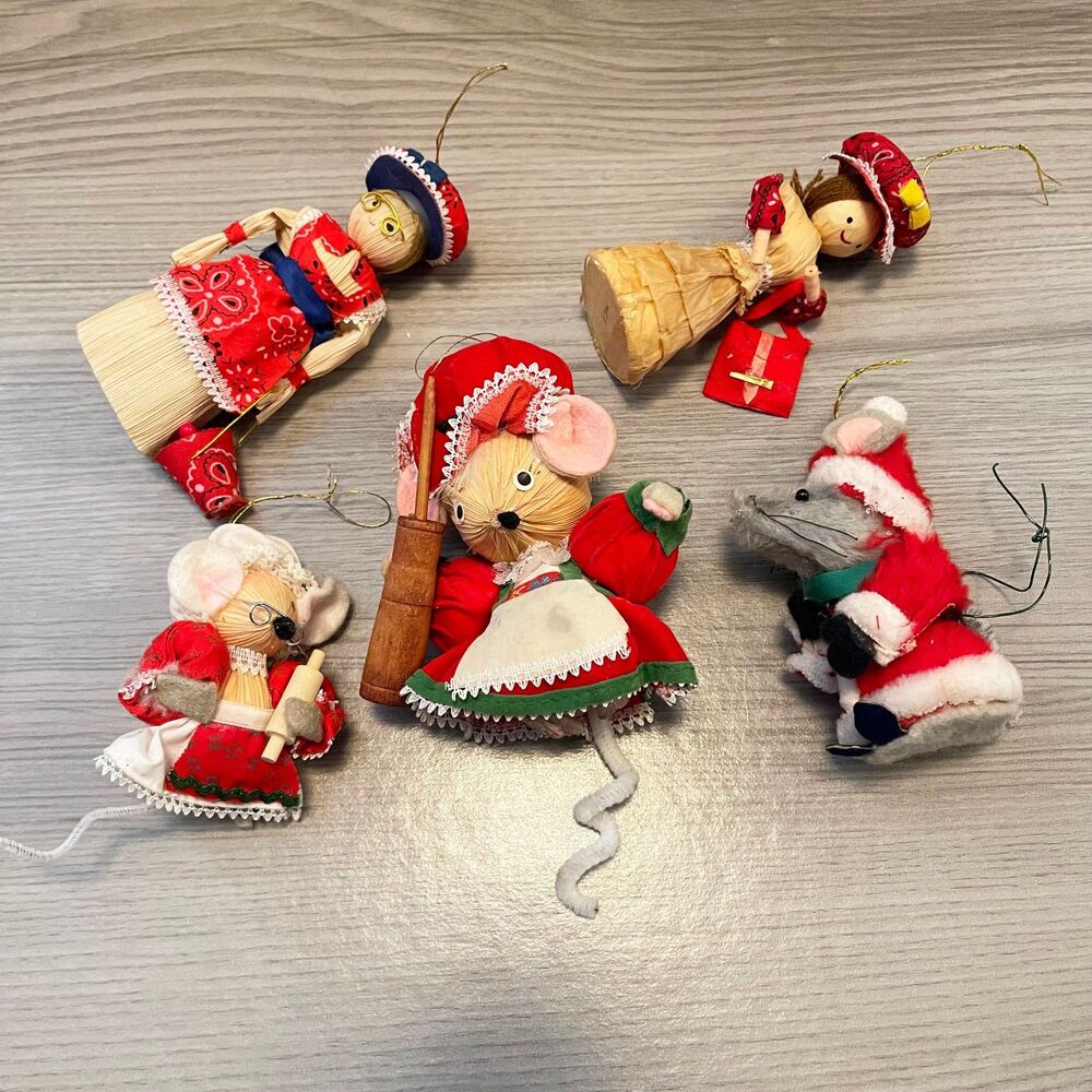 Vintage Kurt S. Adler Christmas Ornament Lot Corn Husk Mice Dolls Mouse Folk Art